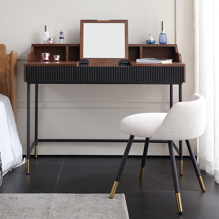Contemporary Flip Single Wood Vanity with Padded Stool Lighted Mirror Vanity Desk