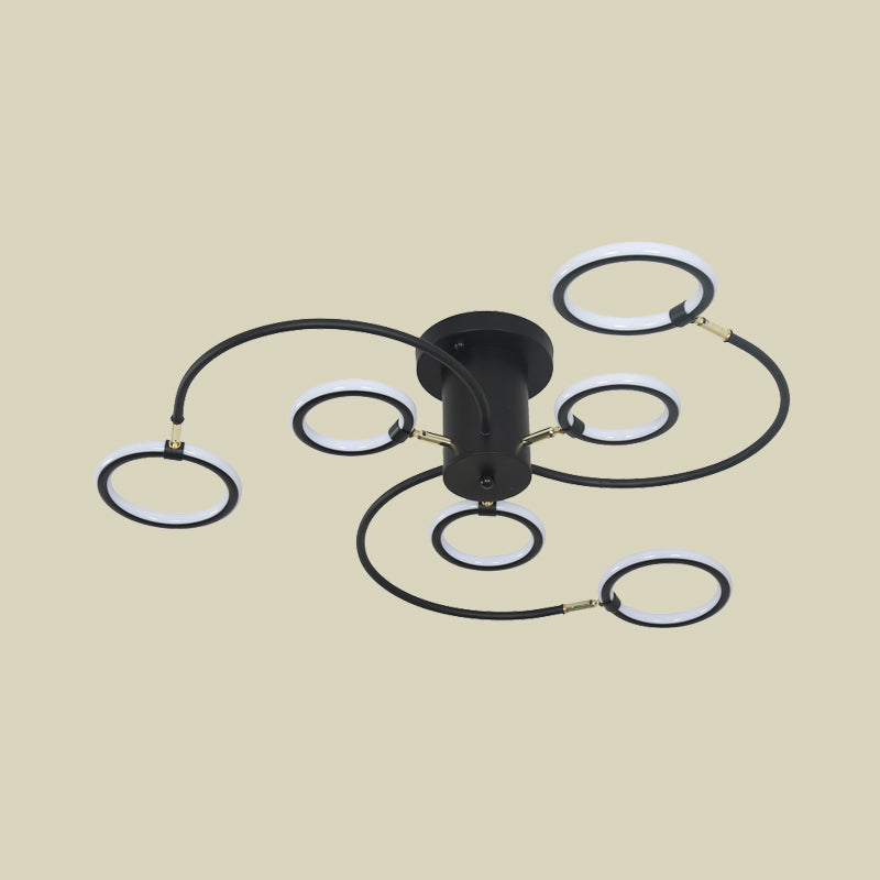 Accesorio de techo LED acrílico moderno con iluminación de montaje semiempotrado en forma de remolino negro/dorado con anillos para dormitorio