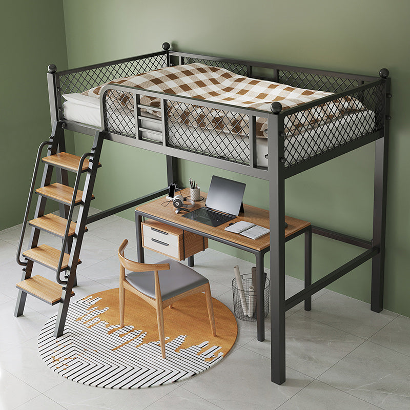 Metal Loft Bed Scandinavian White/Black Kids Bed with Built-In Ladder