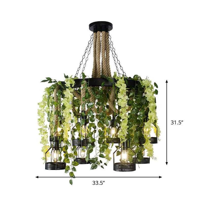 Púrpura/Green Flower Chandelier Vintage Cáñes de cáñamo 8 cabezas Restaurante de iluminación con jaula de metal