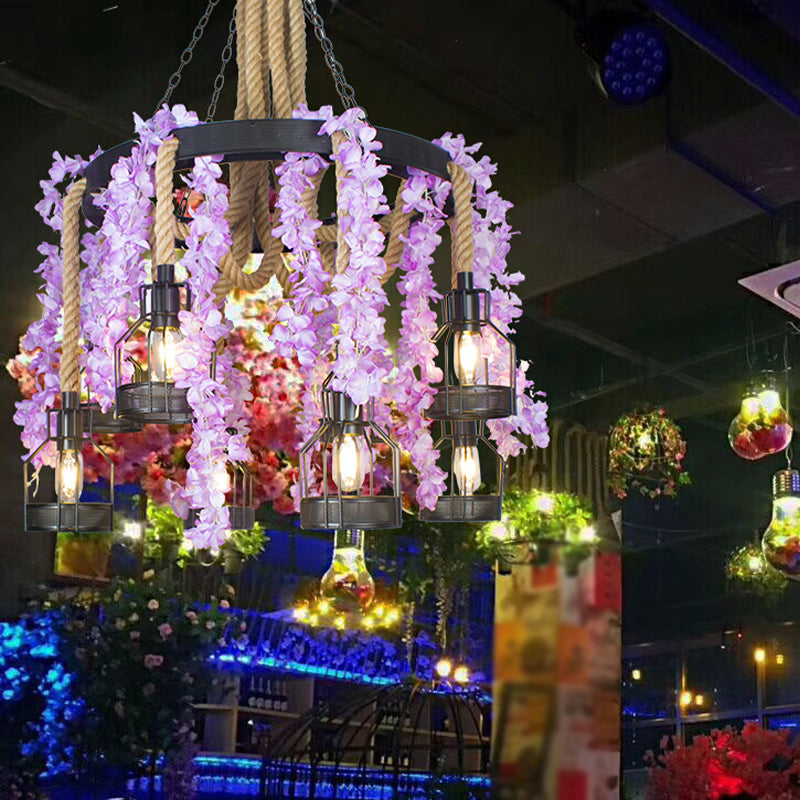 Púrpura/Green Flower Chandelier Vintage Cáñes de cáñamo 8 cabezas Restaurante de iluminación con jaula de metal