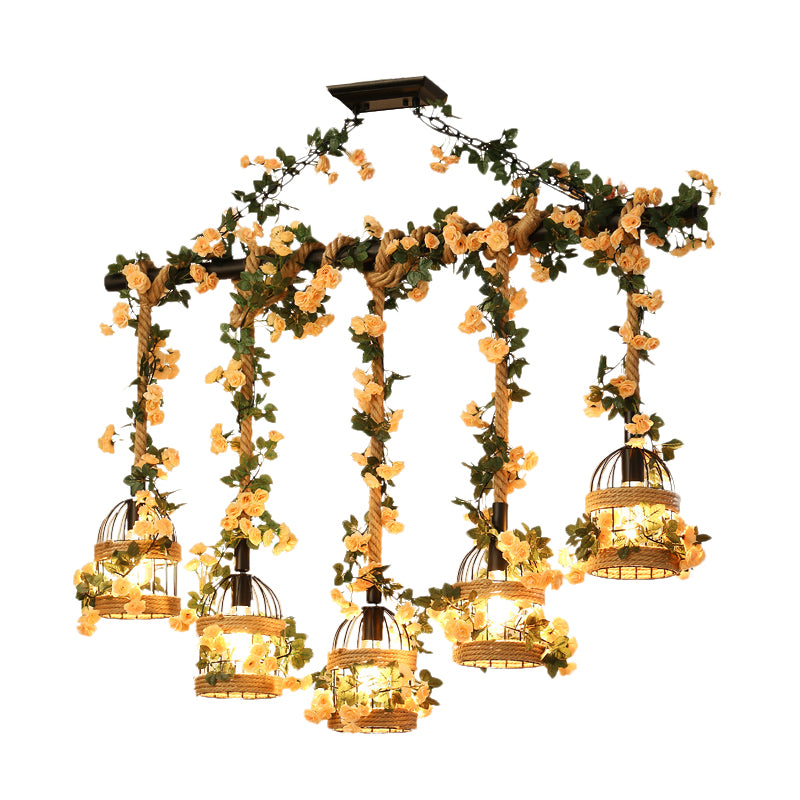 Birdcage Restaurant Island Lighting Industrial Hemp Rope 3/5-Light Black Ceiling Suspension Lamp
