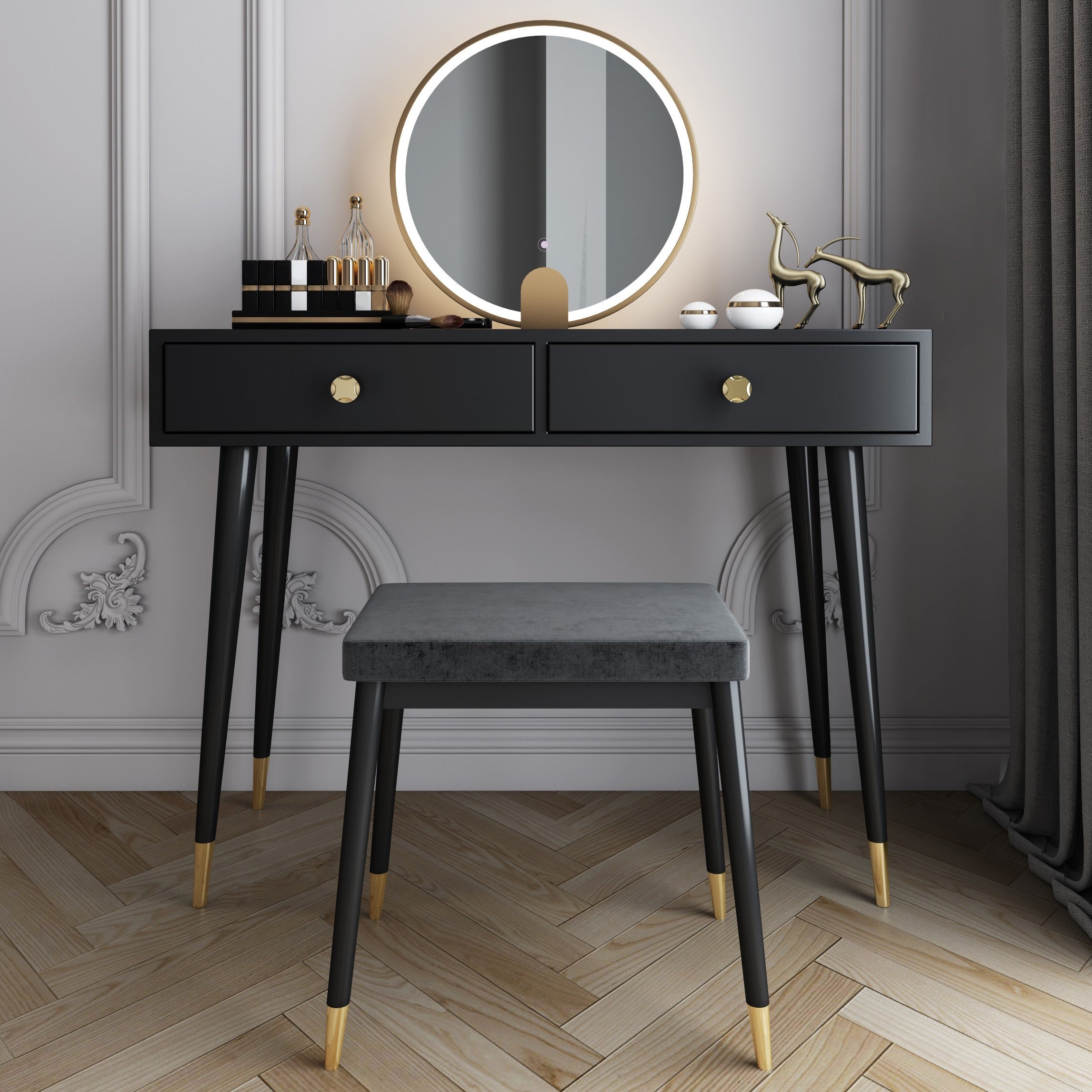 Modern Solid Wood Vanity Dressing Table with Mirror and Stool