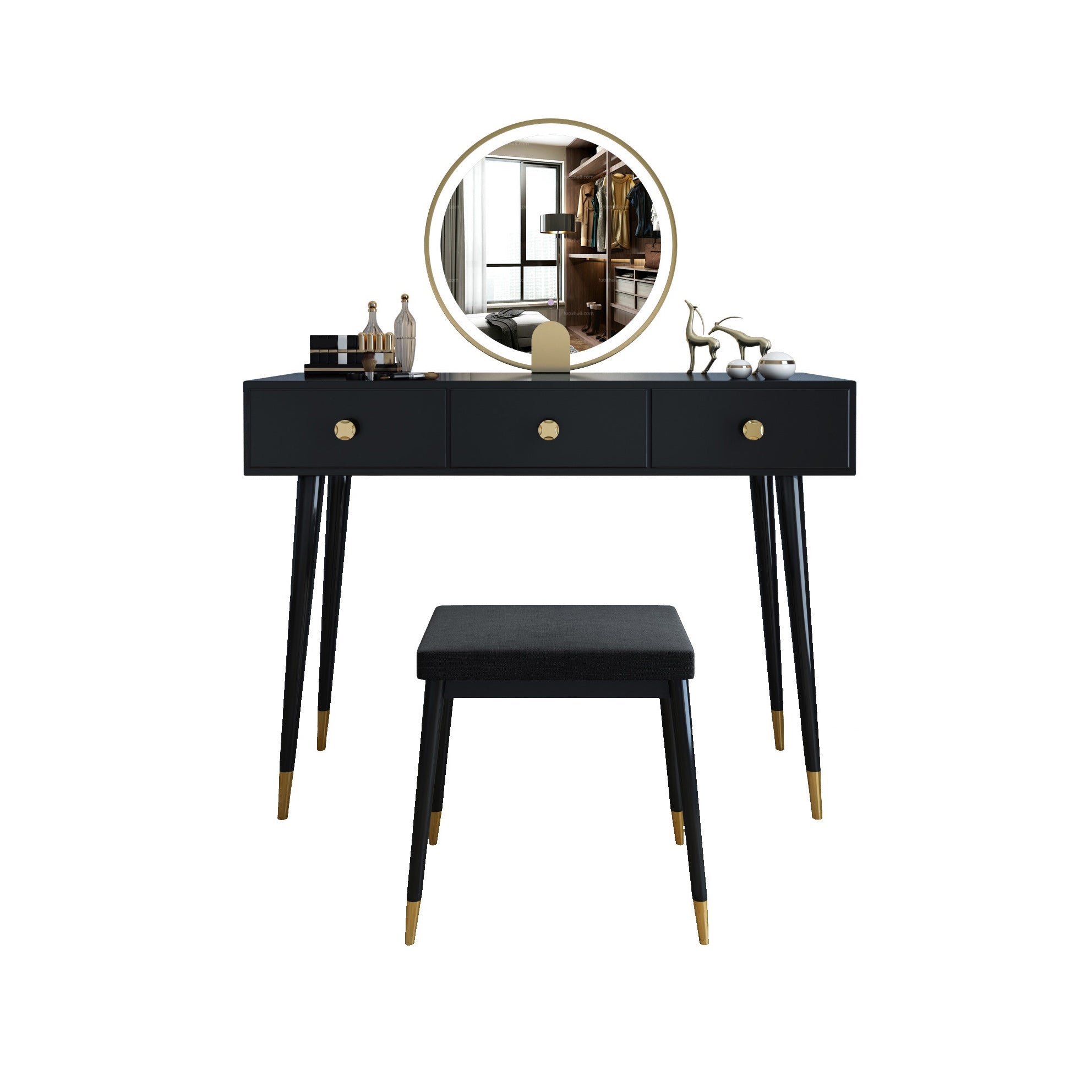 Modern Solid Wood Vanity Dressing Table with Mirror and Stool