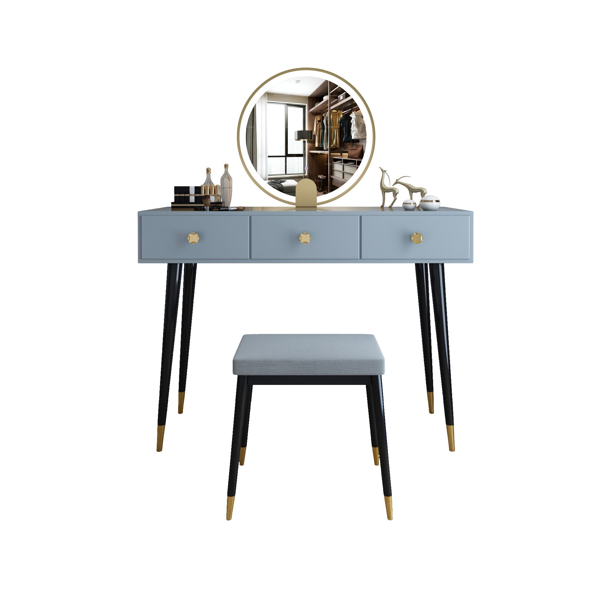 Modern Solid Wood Vanity Dressing Table with Mirror and Stool
