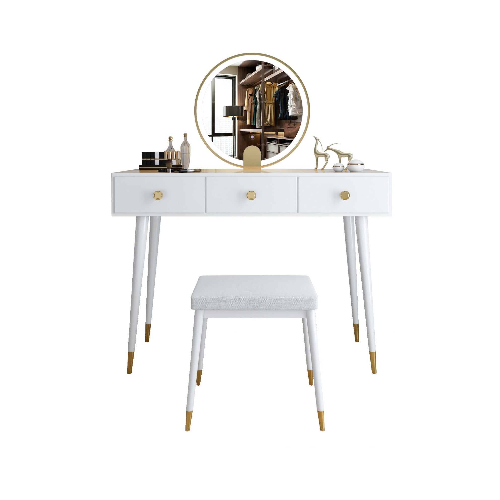 Modern Solid Wood Vanity Dressing Table with Mirror and Stool