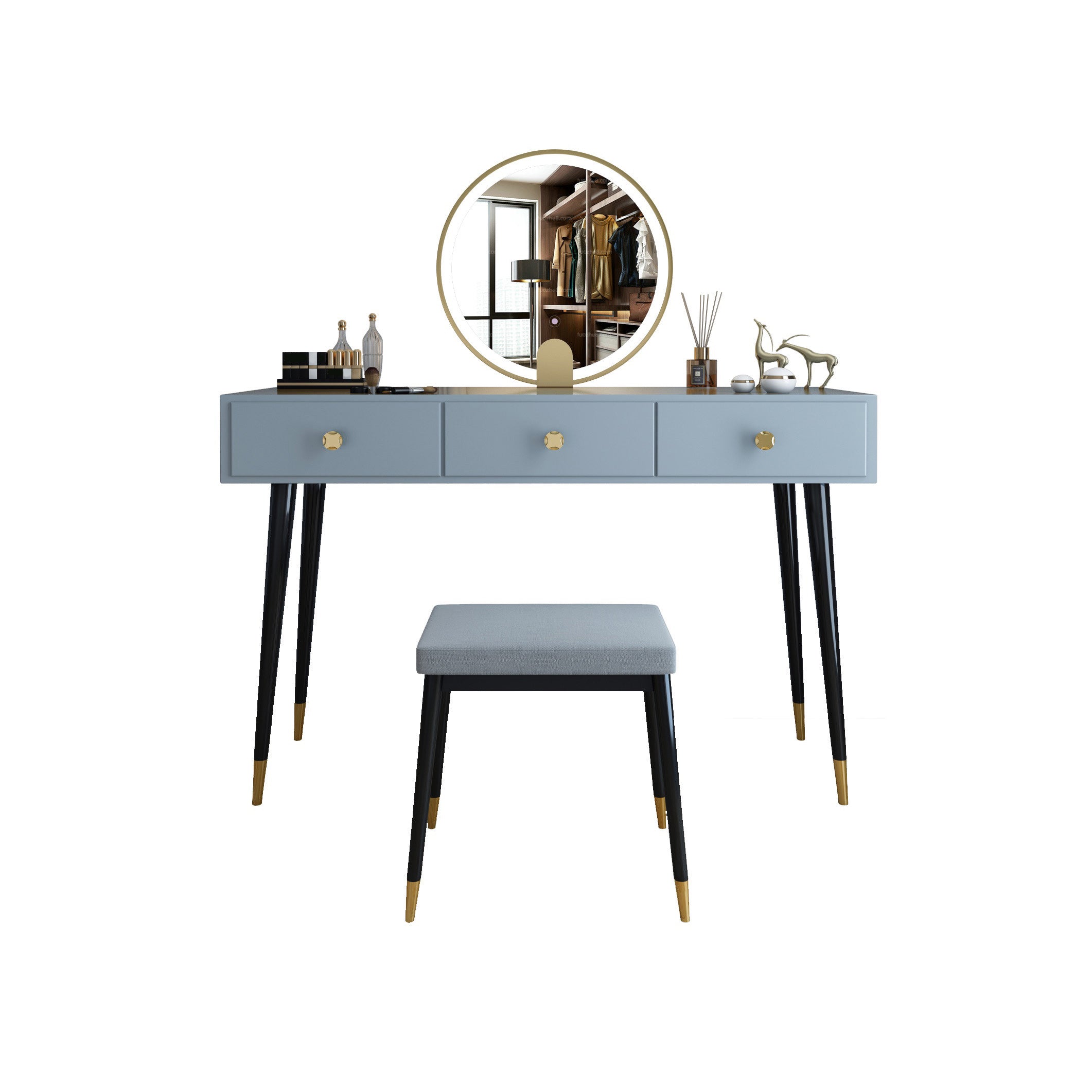 Modern Solid Wood Vanity Dressing Table with Mirror and Stool