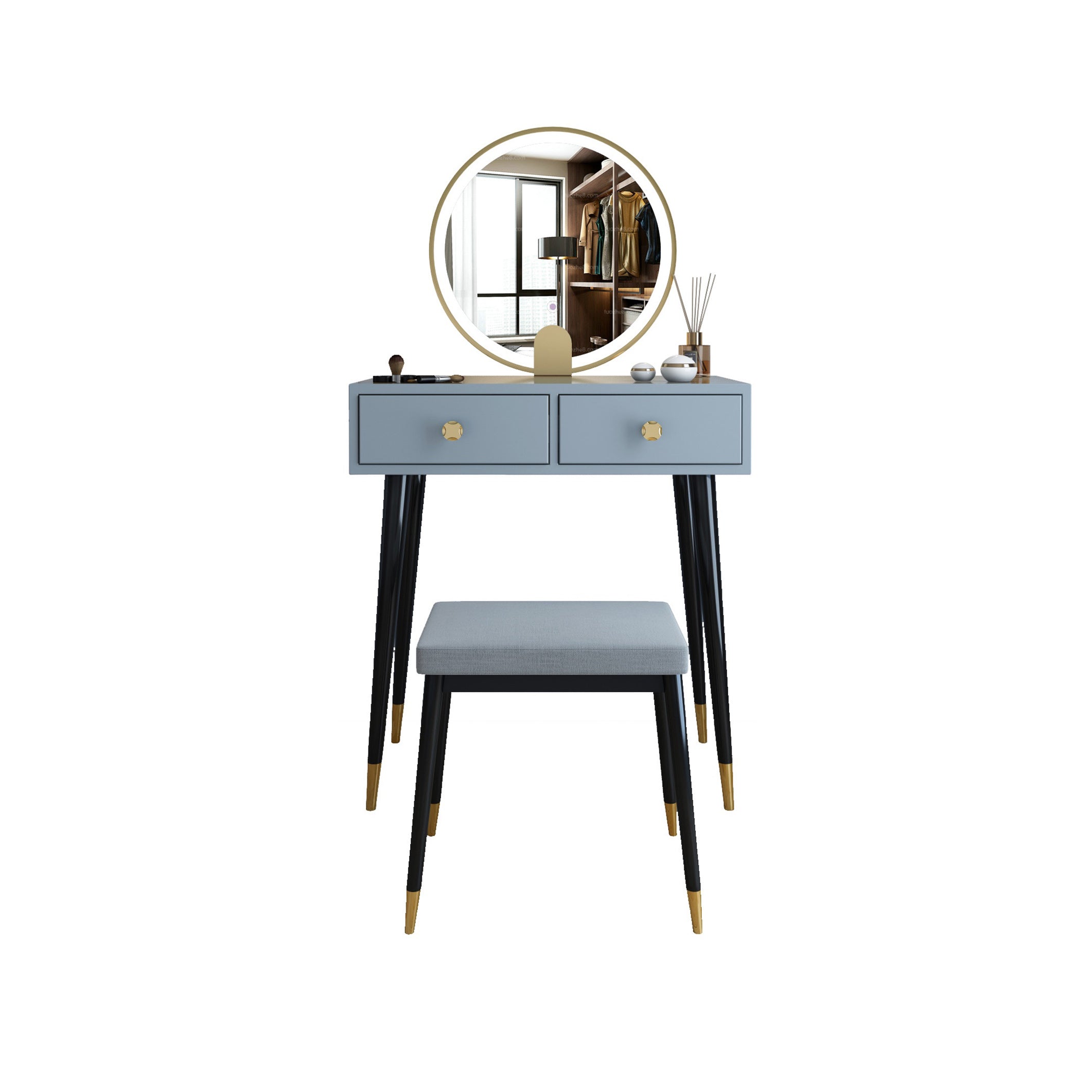 Modern Solid Wood Vanity Dressing Table with Mirror and Stool