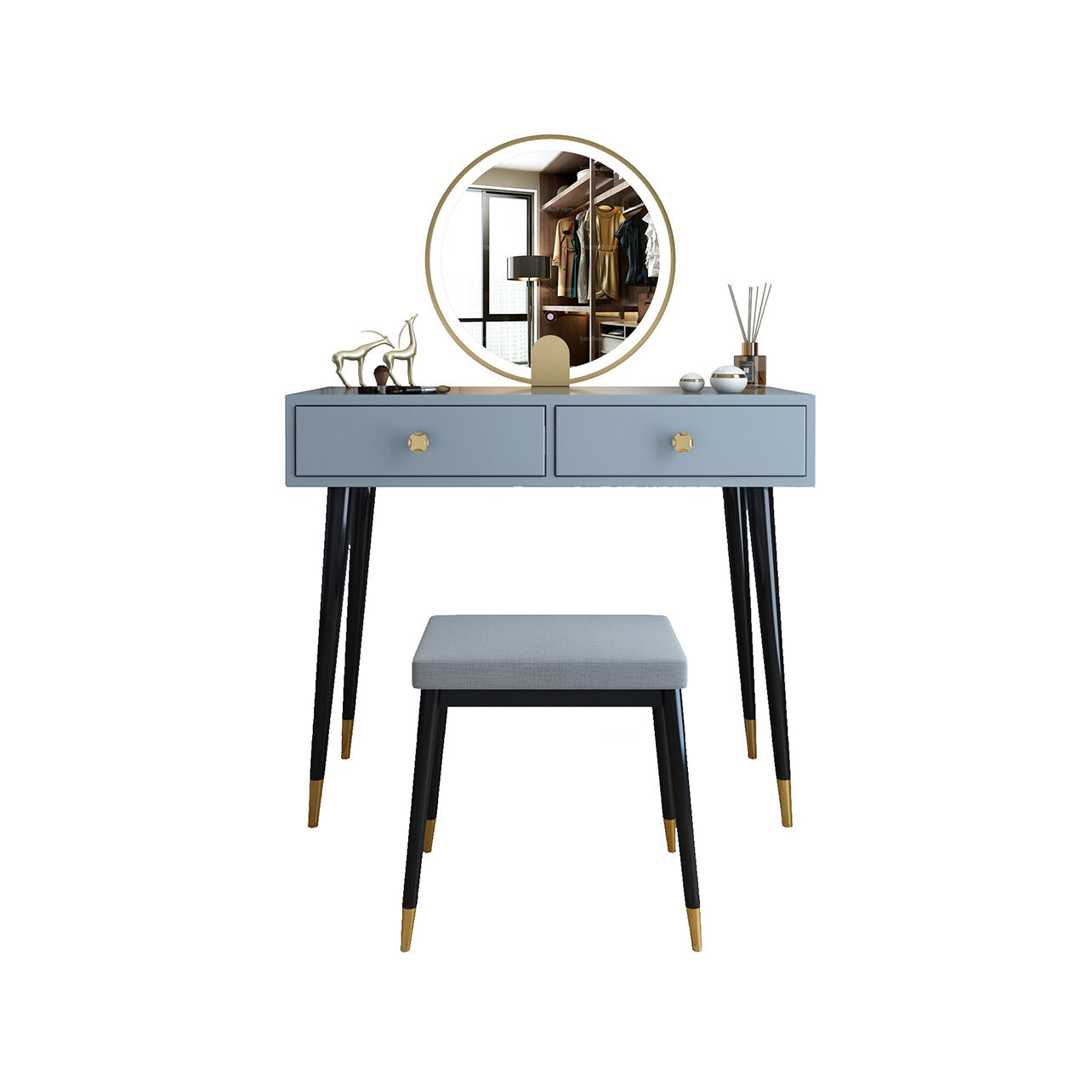 Modern Solid Wood Vanity Dressing Table with Mirror and Stool