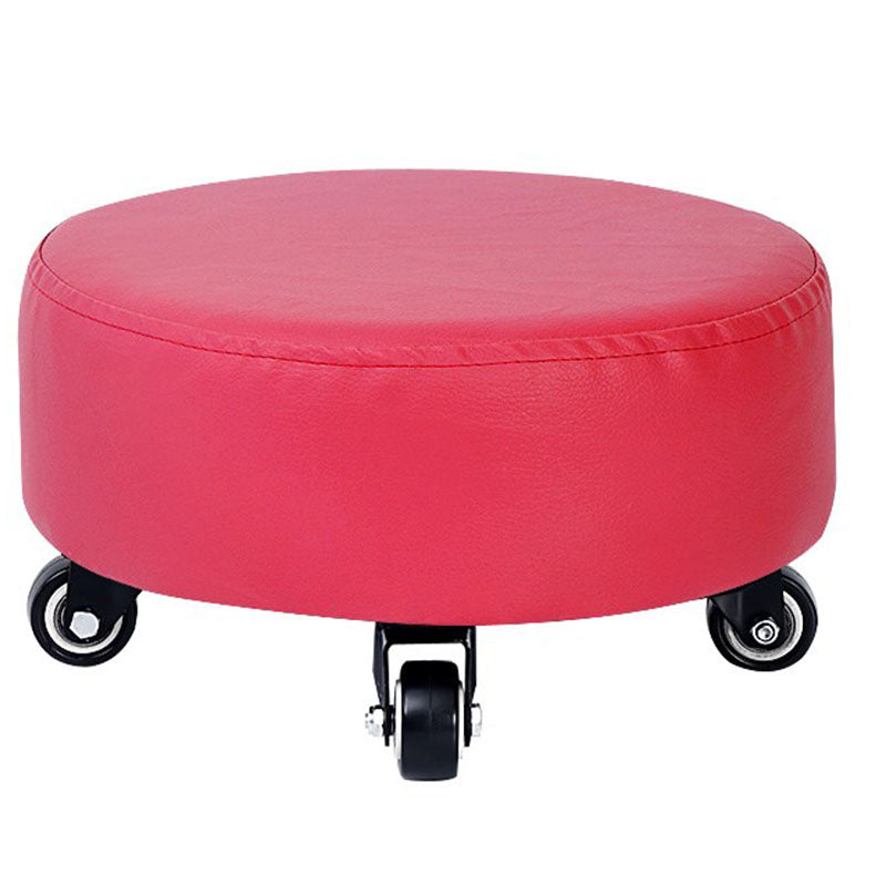 Modern Pouf Ottoman Faux Leather Upholstered Solid Color Round Ottoman with Wheels