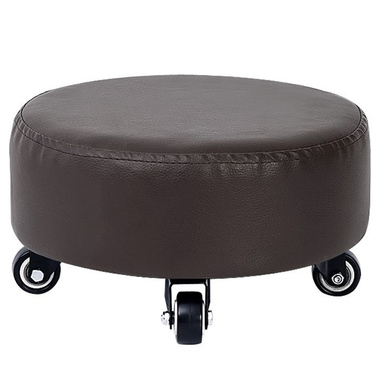 Modern Pouf Ottoman Faux Leather Upholstered Solid Color Round Ottoman with Wheels