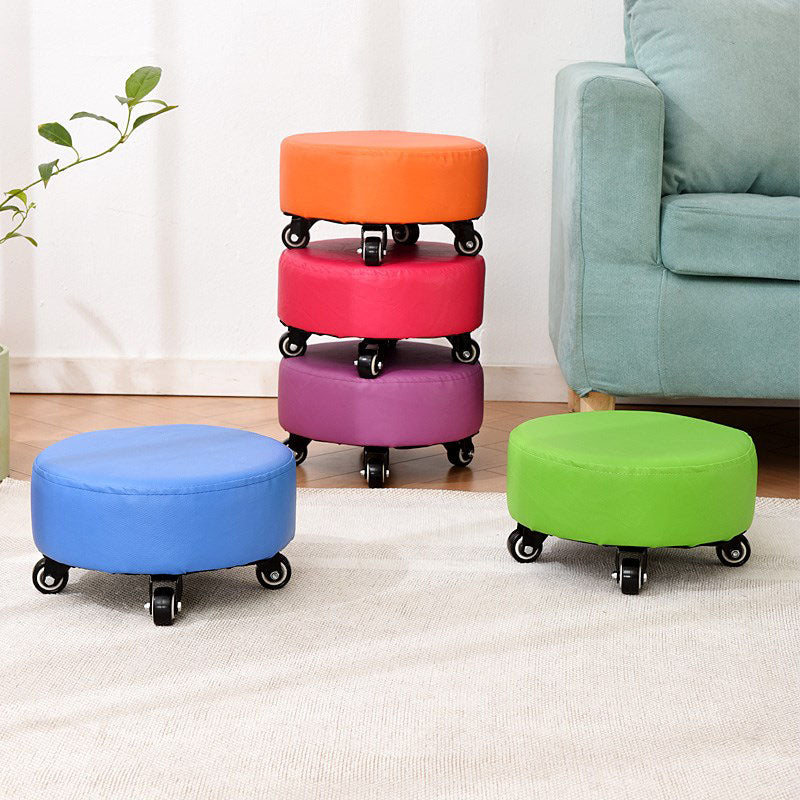 Modern Pouf Ottoman Faux Leather Upholstered Solid Color Round Ottoman with Wheels