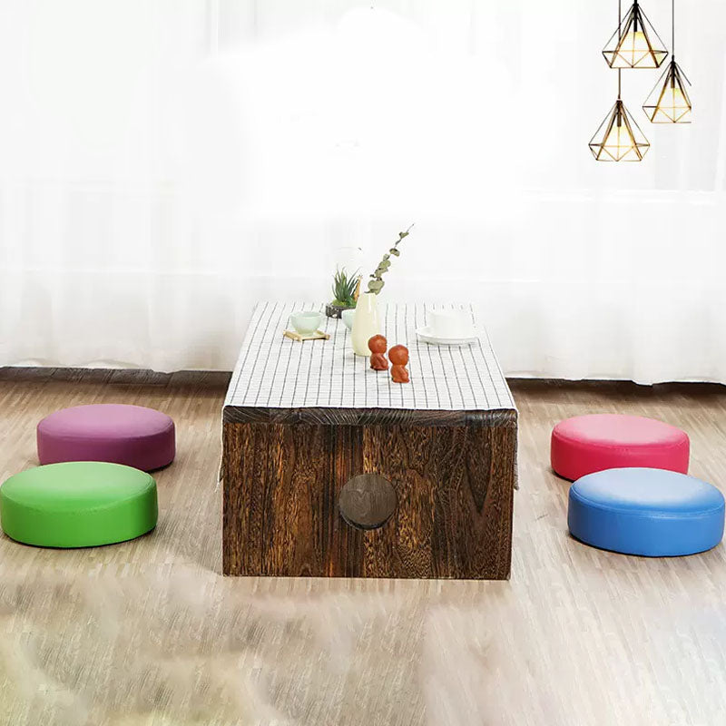 Modern Pouf Ottoman Faux Leather Upholstered Solid Color Round Ottoman with Wheels