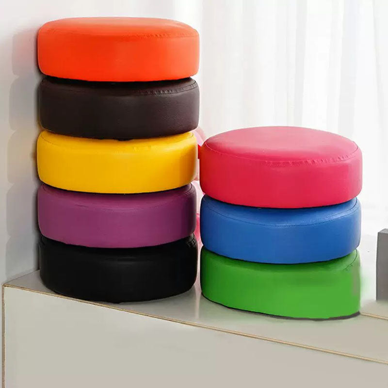 Modern Pouf Ottoman Faux Leather Upholstered Solid Color Round Ottoman with Wheels