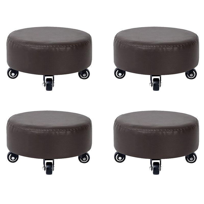 Modern Pouf Ottoman Faux Leather Upholstered Solid Color Round Ottoman with Wheels