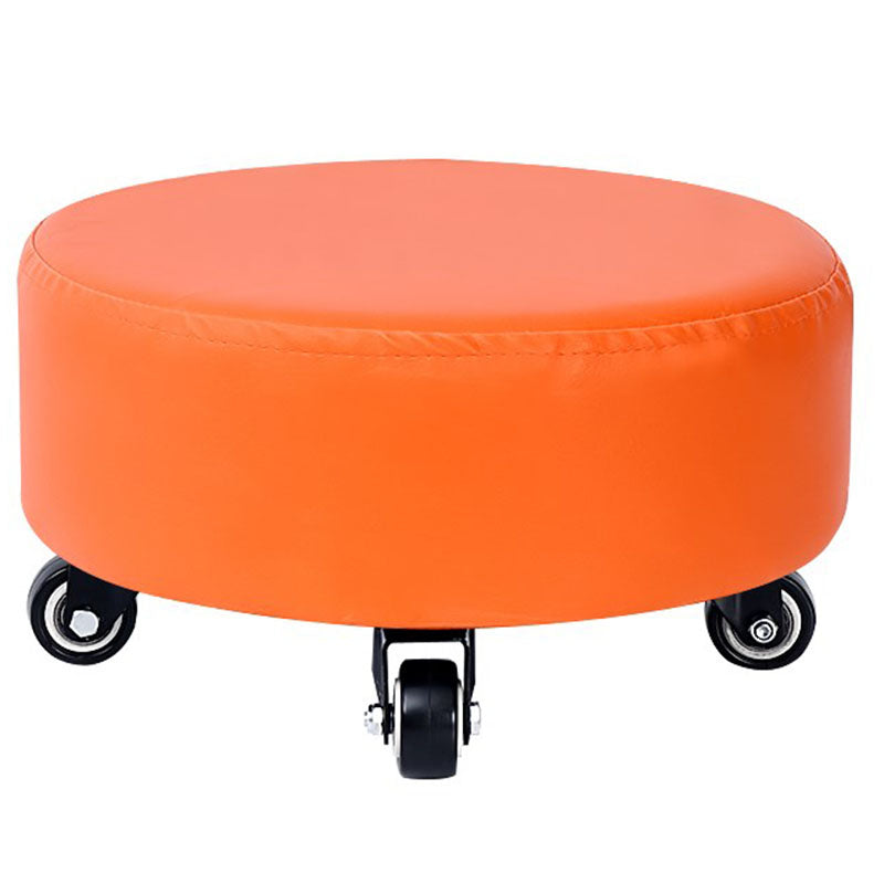 Modern Pouf Ottoman Faux Leather Upholstered Solid Color Round Ottoman with Wheels