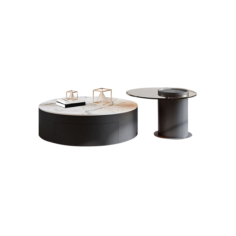 Round Nesting Coffee Table Pedestal Stone Cocktail Table with Drawer