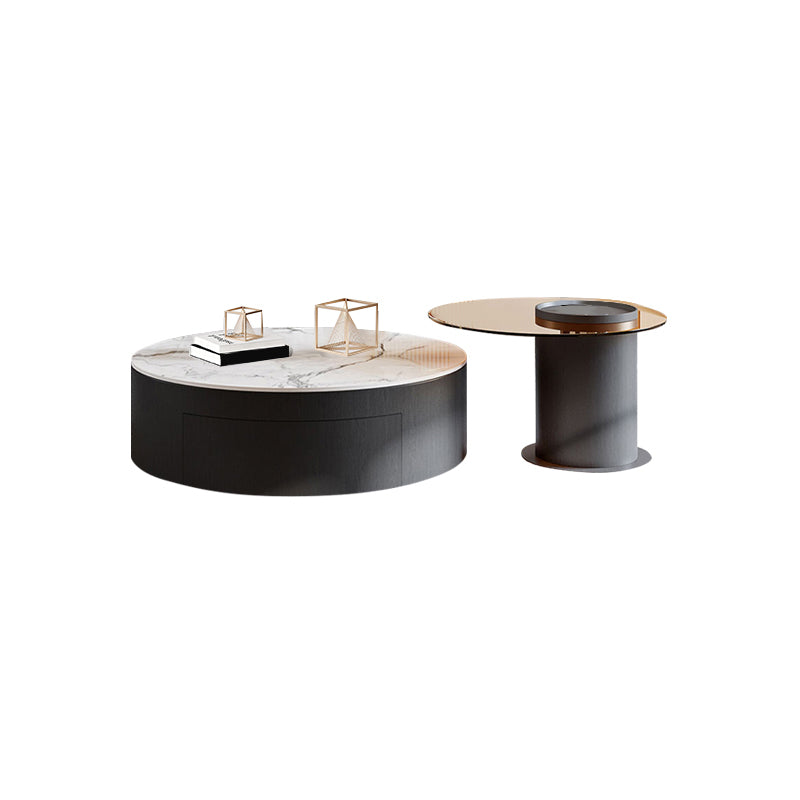 Round Nesting Coffee Table Pedestal Stone Cocktail Table with Drawer