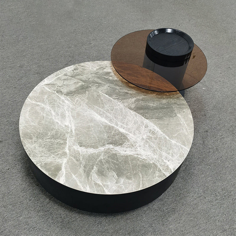Round Nesting Coffee Table Pedestal Stone Cocktail Table with Drawer
