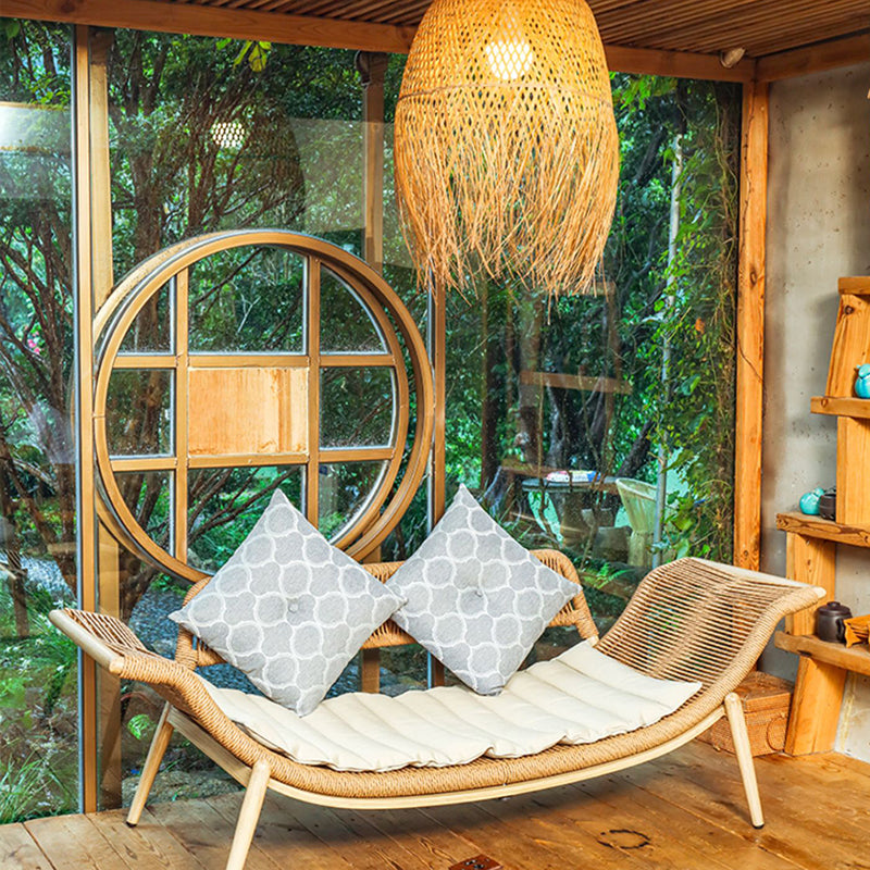 Traditional Rattan Cushioned Yoga Chaise Lounge Chair with Arms and Pillow Accent Chair