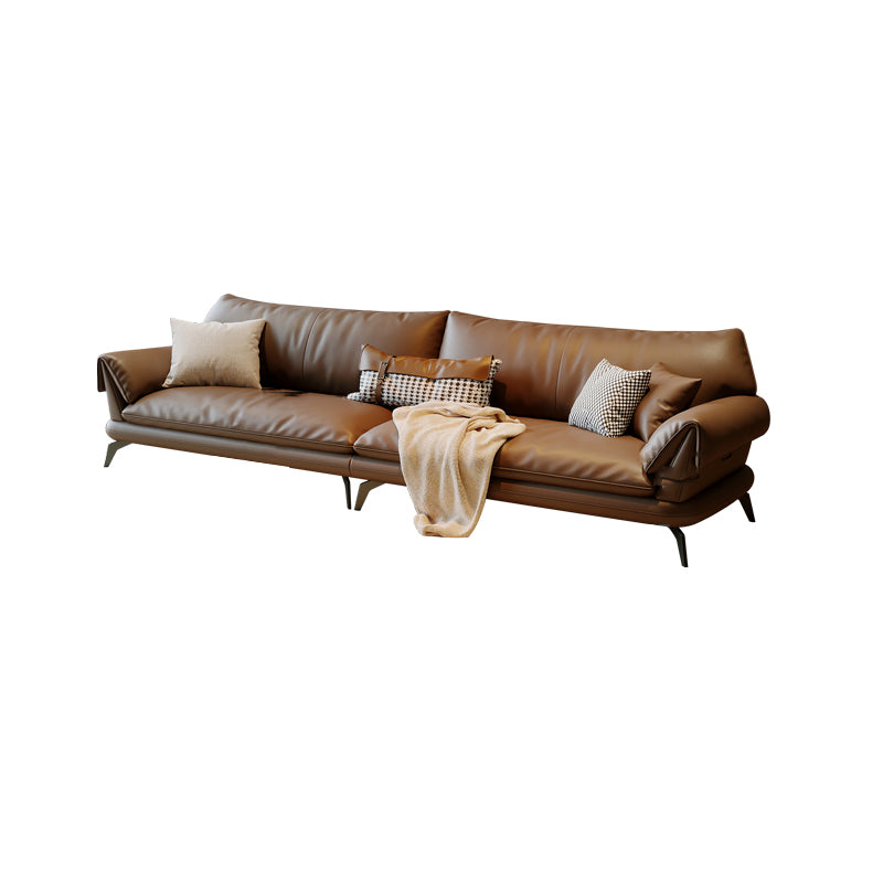 Brown Genuine Leather Sofa Loose Back Flared Arm Sofa with Pillows