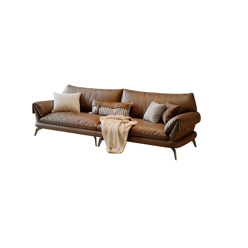 Brown Genuine Leather Sofa Loose Back Flared Arm Sofa with Pillows