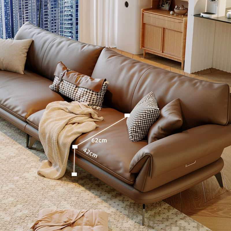 Brown Genuine Leather Sofa Loose Back Flared Arm Sofa with Pillows