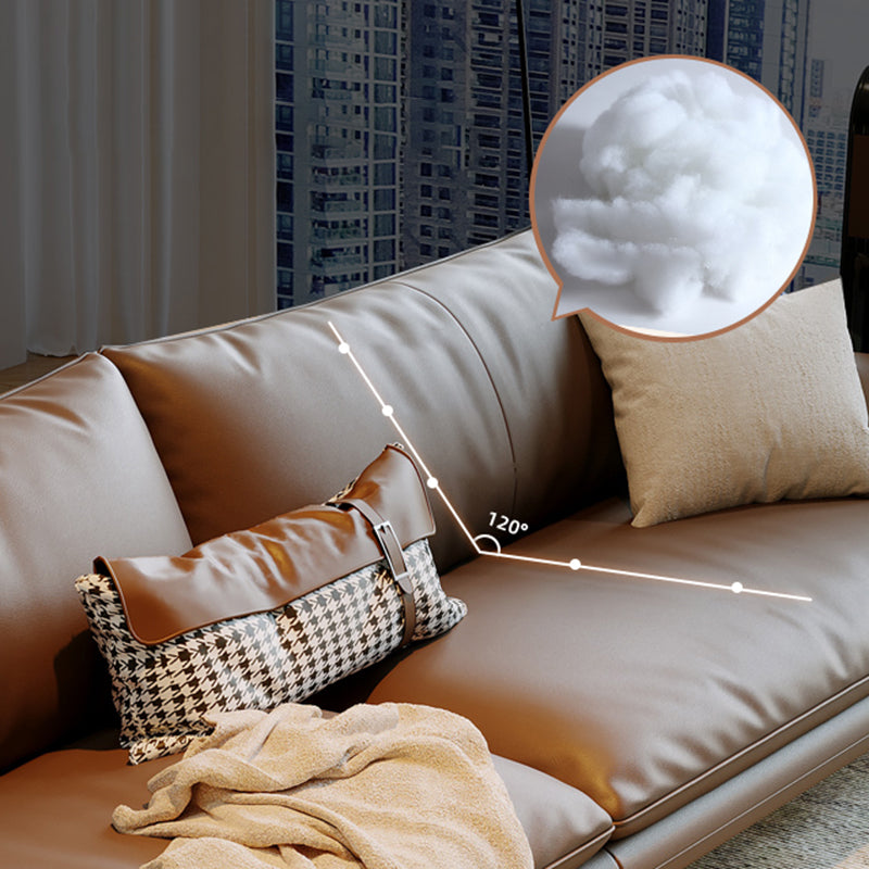 Brown Genuine Leather Sofa Loose Back Flared Arm Sofa with Pillows