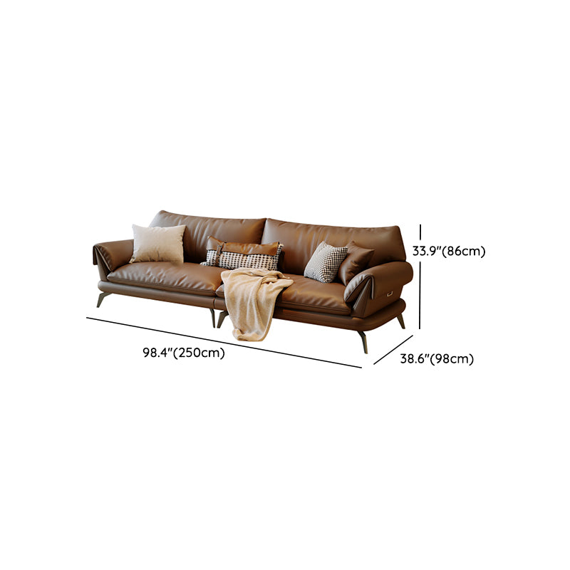Brown Genuine Leather Sofa Loose Back Flared Arm Sofa with Pillows
