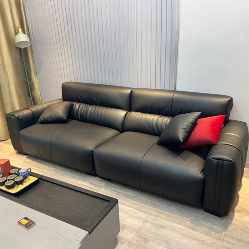 Black Genuine Leather Sofa Mid-Century Modern Square Arm Sofa