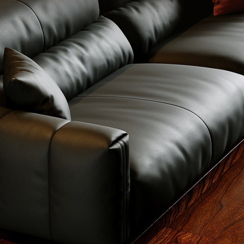 Black Genuine Leather Sofa Mid-Century Modern Square Arm Sofa