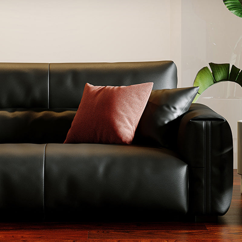Black Genuine Leather Sofa Mid-Century Modern Square Arm Sofa