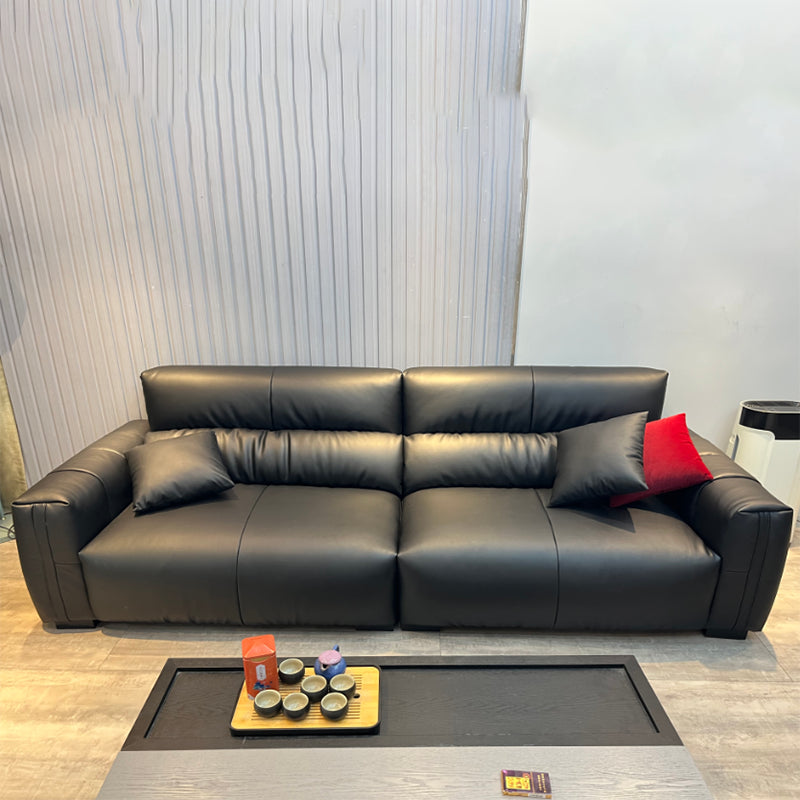 Black Genuine Leather Sofa Mid-Century Modern Square Arm Sofa