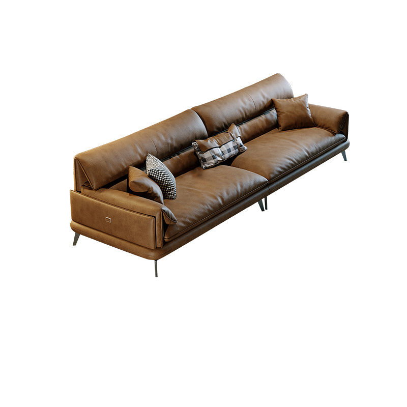 Pillow Top Arm Sofa in Brown Genuine Leather Sewn Pillow Back Sofa