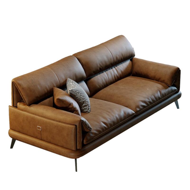 Pillow Top Arm Sofa in Brown Genuine Leather Sewn Pillow Back Sofa