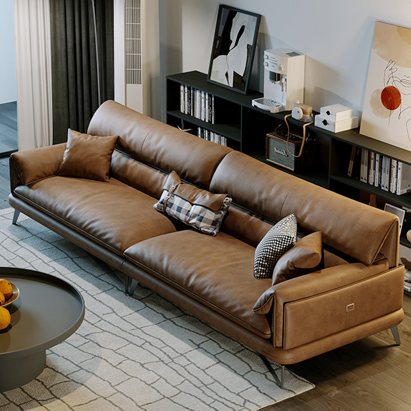 Pillow Top Arm Sofa in Brown Genuine Leather Sewn Pillow Back Sofa