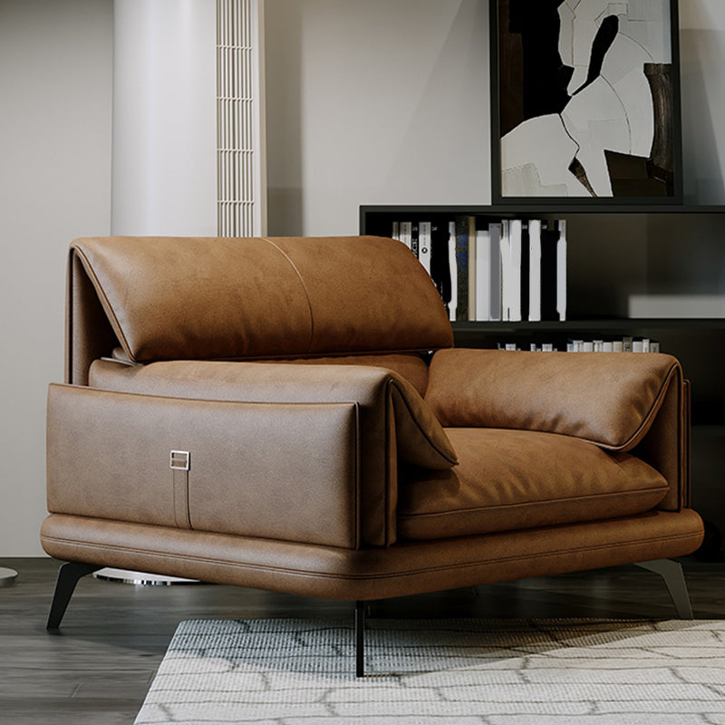 Pillow Top Arm Sofa in Brown Genuine Leather Sewn Pillow Back Sofa