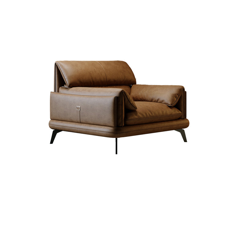 Pillow Top Arm Sofa in Brown Genuine Leather Sewn Pillow Back Sofa