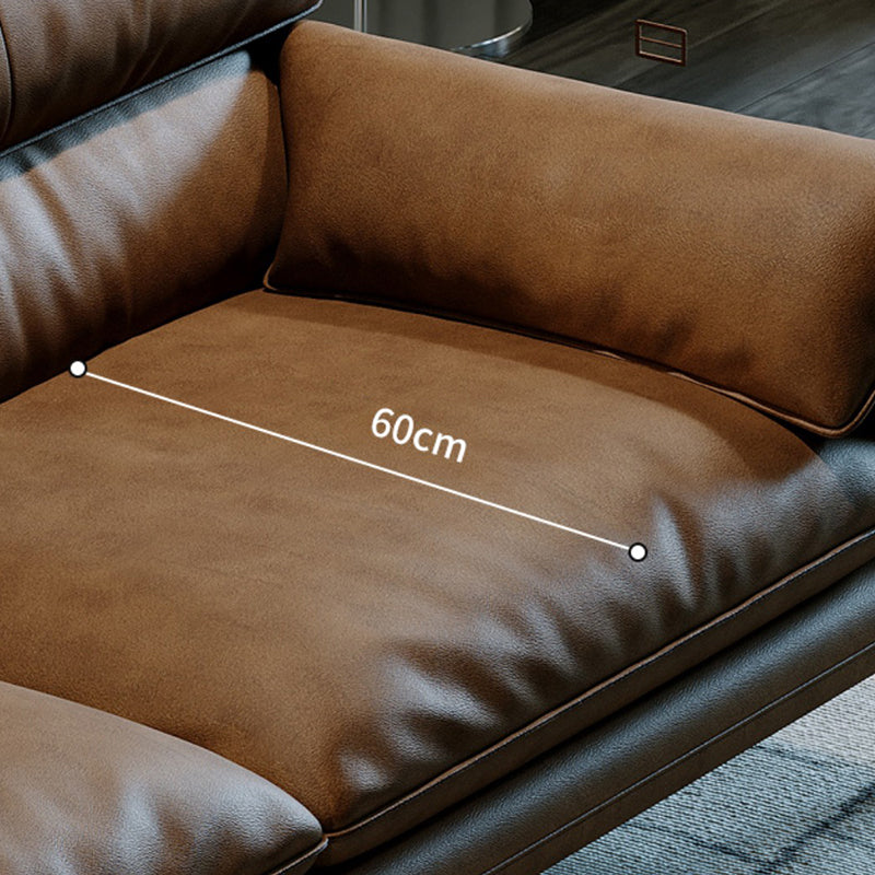 Pillow Top Arm Sofa in Brown Genuine Leather Sewn Pillow Back Sofa