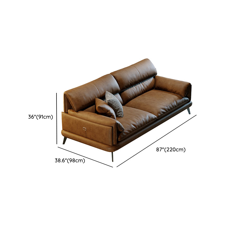 Pillow Top Arm Sofa in Brown Genuine Leather Sewn Pillow Back Sofa