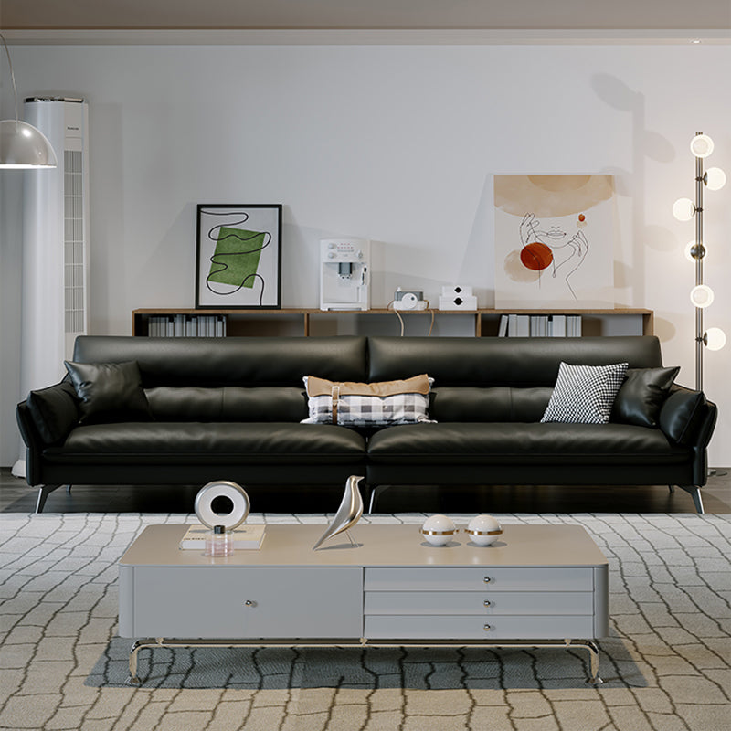 Black Genuine Leather Settee Mid-Century Modern Pillow Top Arm Sofa - 33.5" H