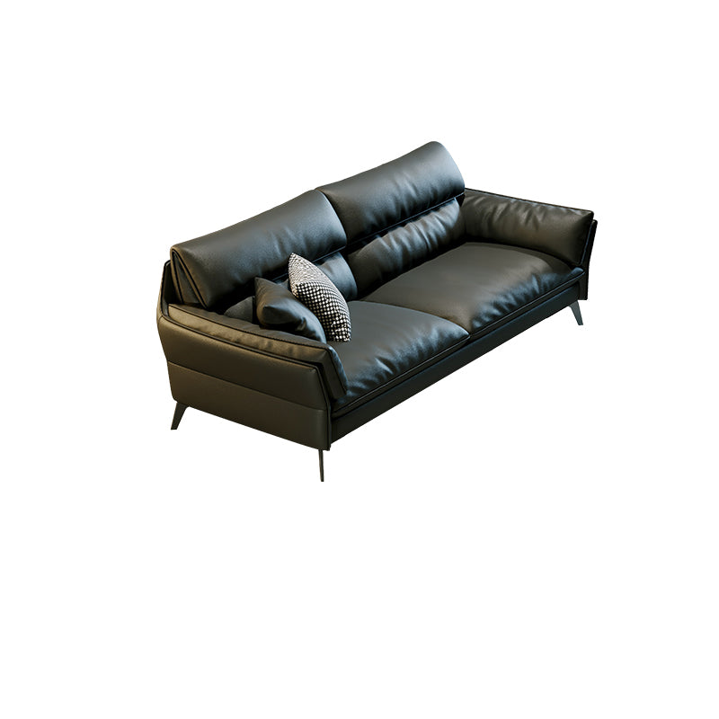 Black Genuine Leather Settee Mid-Century Modern Pillow Top Arm Sofa - 33.5" H