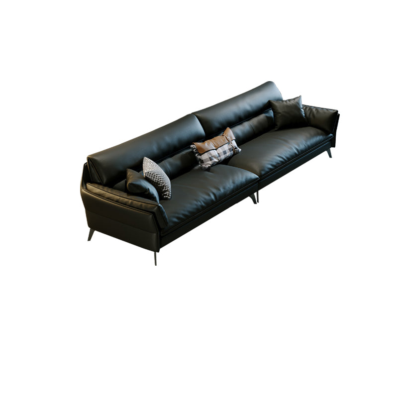 Black Genuine Leather Settee Mid-Century Modern Pillow Top Arm Sofa - 33.5" H