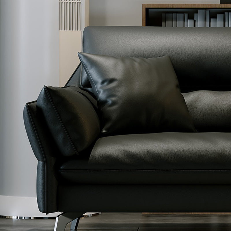 Black Genuine Leather Settee Mid-Century Modern Pillow Top Arm Sofa - 33.5" H