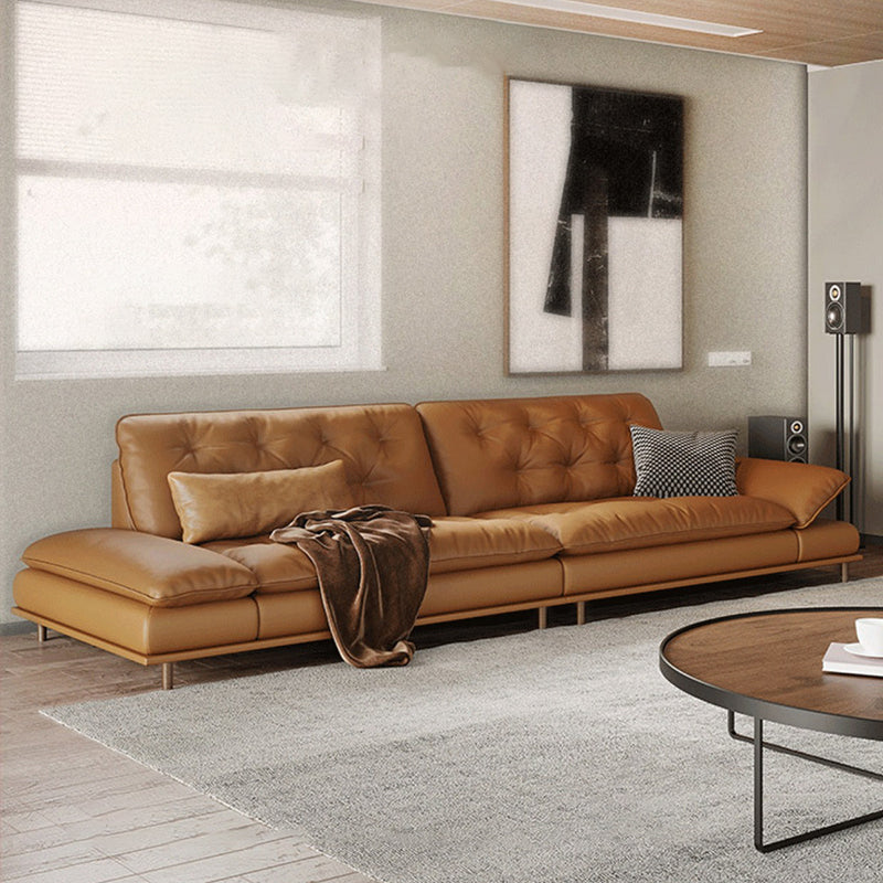 Tufted Pillow Top Arm Sofa Brown Genuine Leathersofa with 2 Cushions