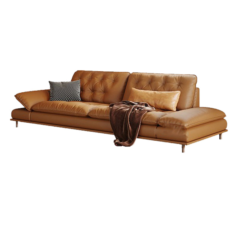 Tufted Pillow Top Arm Sofa Brown Genuine Leathersofa with 2 Cushions