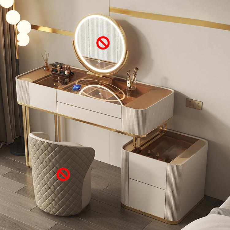 Minimalism Glass Vanity Table with Mirror & Stool 5 Drawers Beige Dressing Table