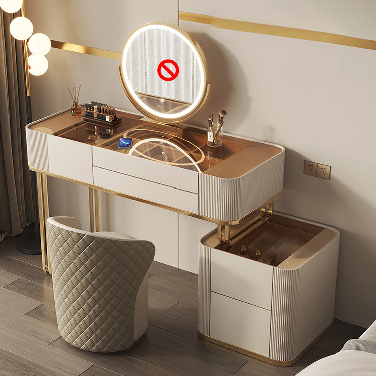 Minimalism Glass Vanity Table with Mirror & Stool 5 Drawers Beige Dressing Table