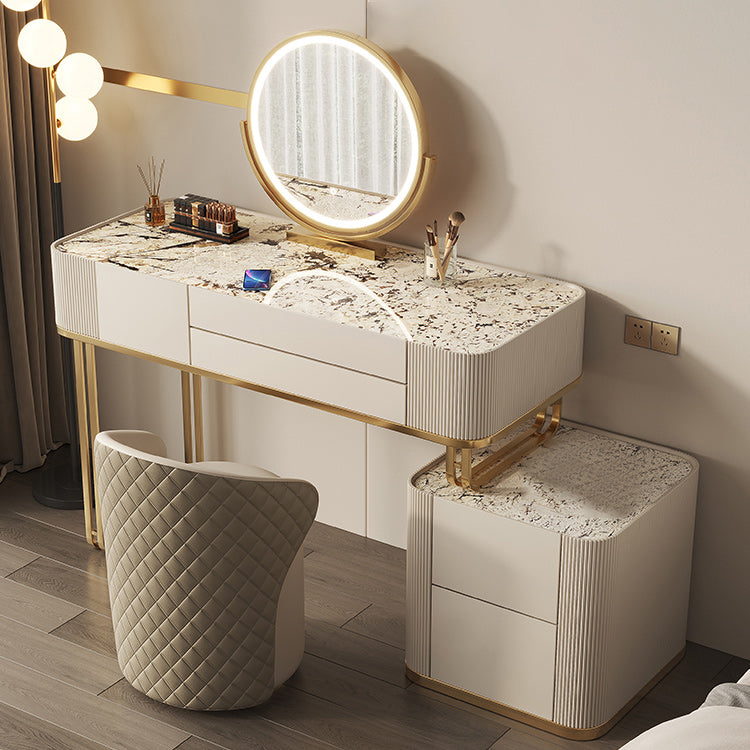 Minimalism Glass Vanity Table with Mirror & Stool 5 Drawers Beige Dressing Table