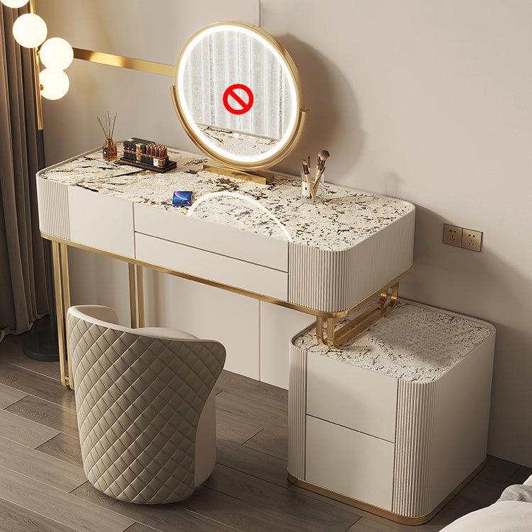 Minimalism Glass Vanity Table with Mirror & Stool 5 Drawers Beige Dressing Table